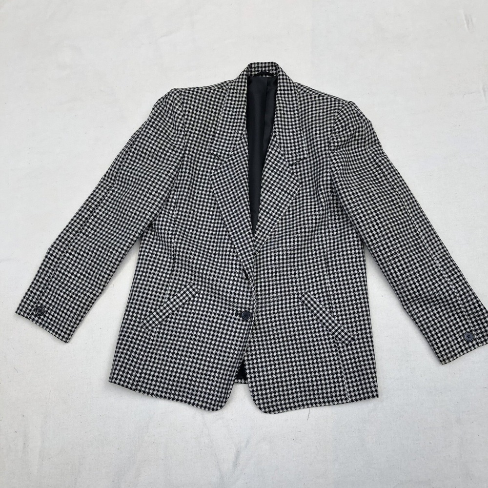 Vintage Alexon Women's Wool Blazer 12 Black White Houndstooth Made In Britain